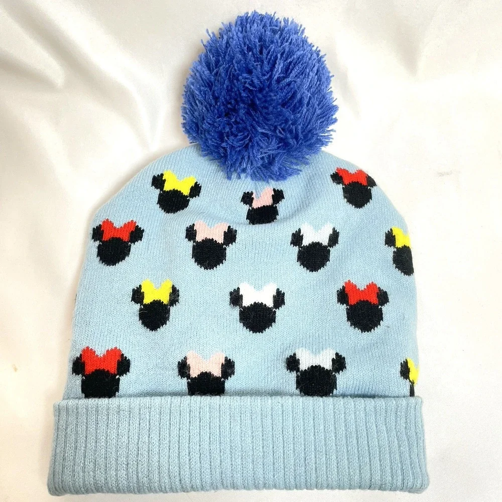 Disney Junior Minnie Mouse Toddler Knit Hat S ‎ 2T-5T Blue Beanie Pompom Tassel.
